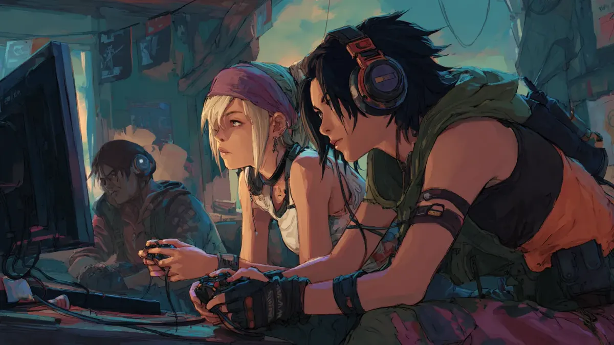 Diverse group of gamers collaborating together